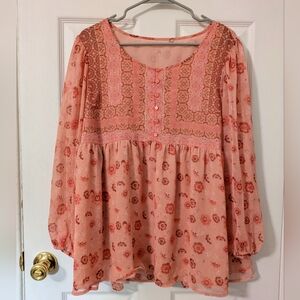 Womens Pink Floral Peasant Blouse